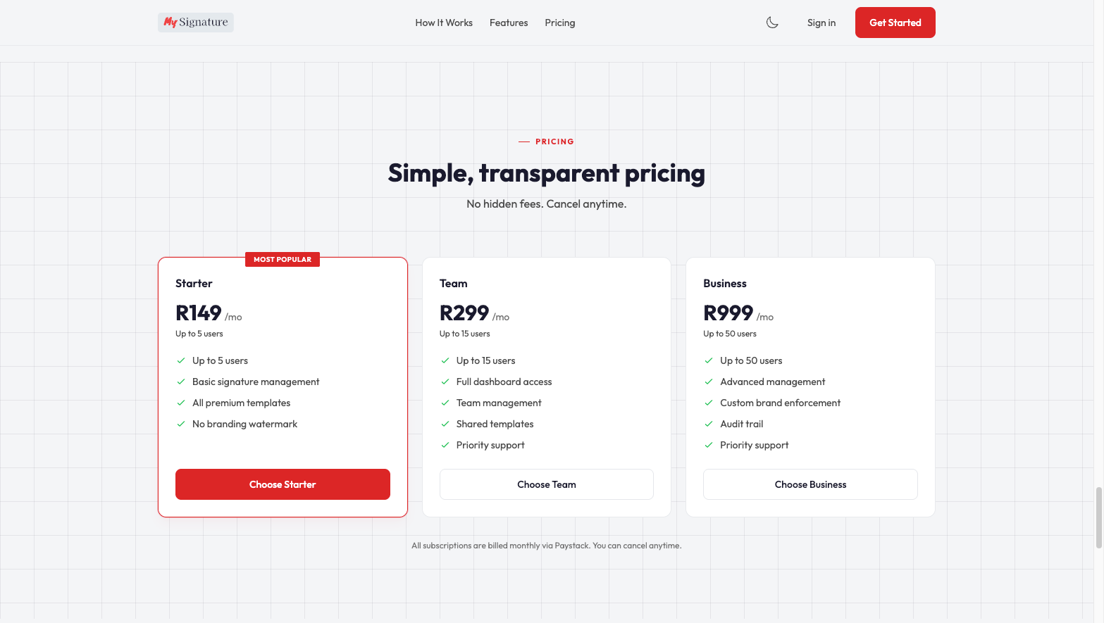 Simple, Transparent Pricing screen