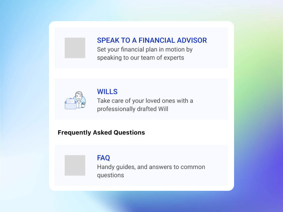 Wills, Confirmation and Save/Invest screen
